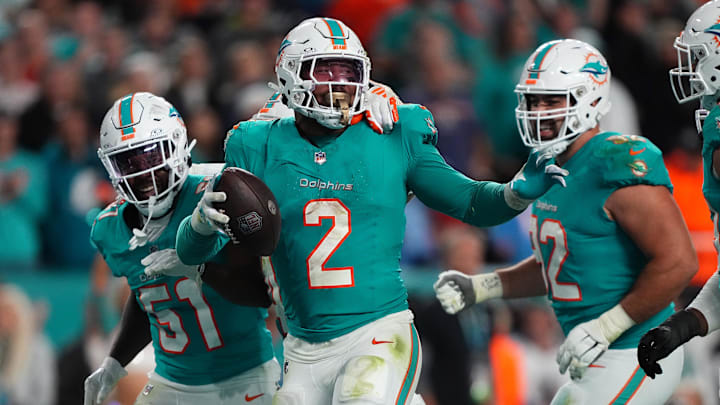 Dec 11, 2023; Miami Gardens, Florida, USA; Miami Dolphins linebacker Bradley Chubb (2) celebrates after recovering the fumble of Tennessee Titans running back Derrick Henry (not pictured) during the second half at Hard Rock Stadium. Mandatory Credit: Jasen Vinlove-Imagn Images