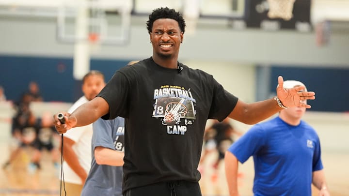 Grizzlies’ Jaren Jackson Jr. reacts after campers run a drill during the Jaren Jackson Jr. Youth Basketball Camp at the Memphis Sports & Events Center on September 13, 2025.