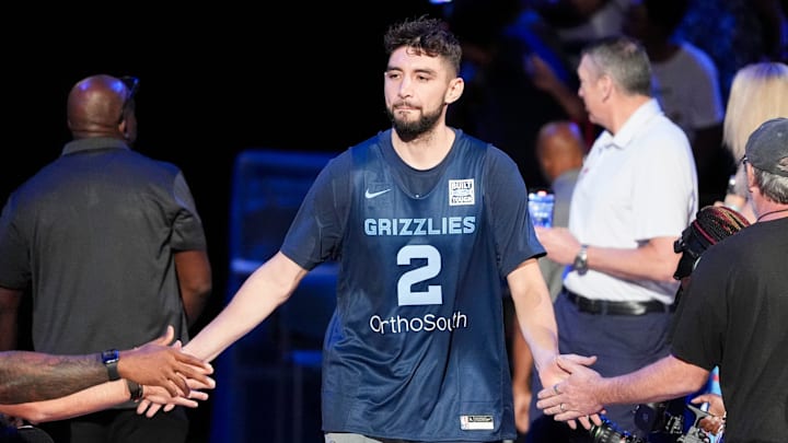 Grizzlies' Ty Jerome (2) walks onto the court for open practice at the FedExForum on October 4, 2025, in Memphis, Tenn.