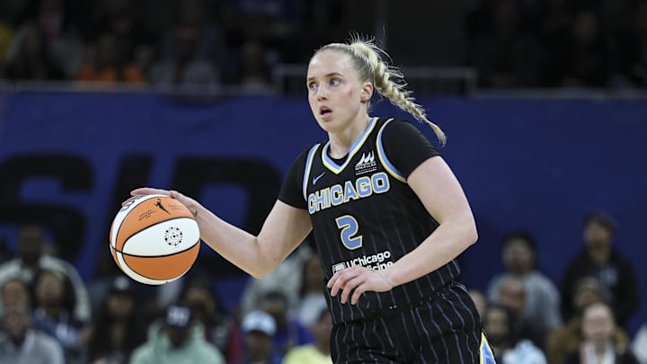 May 22, 2025; Chicago, Illinois, USA; Chicago Sky guard Hailey Van Lith (2) brings the ball up court against the New York Liberty during the second half at Wintrust Arena. Mandatory Credit: Kamil Krzaczynski-Imagn Images