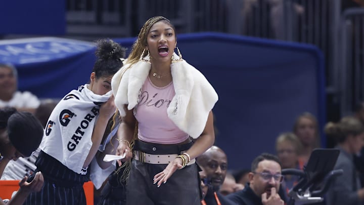 Jul 27, 2025; Chicago, Illinois, USA; Injured Chicago Sky forward Angel Reese (5) reacts from the bench during the first half of a basketball game against the Indiana Fever at United Center. Mandatory Credit: Kamil Krzaczynski-Imagn Images