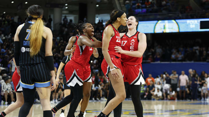 South Carolina basketball legend A'ja Wilson celebrating with teammates after her game-winner on Sunday