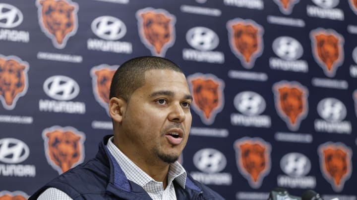 Mar 16, 2023; Lake Forest, IL, USA; Chicago Bears general manager Ryan Poles speaks during a press conference at Halas Hall. Mandatory Credit: Kamil Krzaczynski-USA TODAY Sports