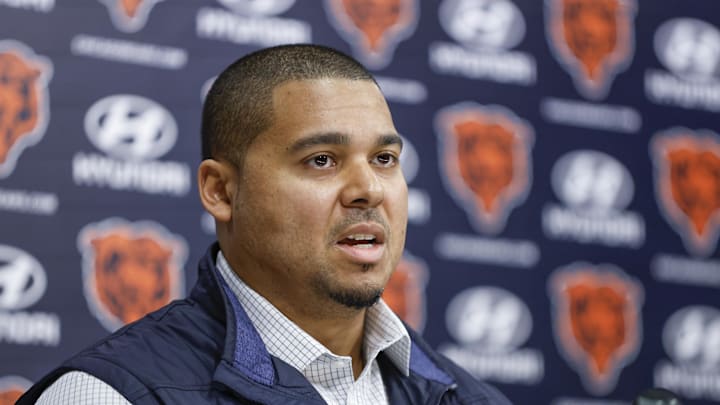 Mar 16, 2023; Lake Forest, IL, USA; Chicago Bears general manager Ryan Poles speaks during a press conference at Halas Hall. Mandatory Credit: Kamil Krzaczynski-Imagn Images