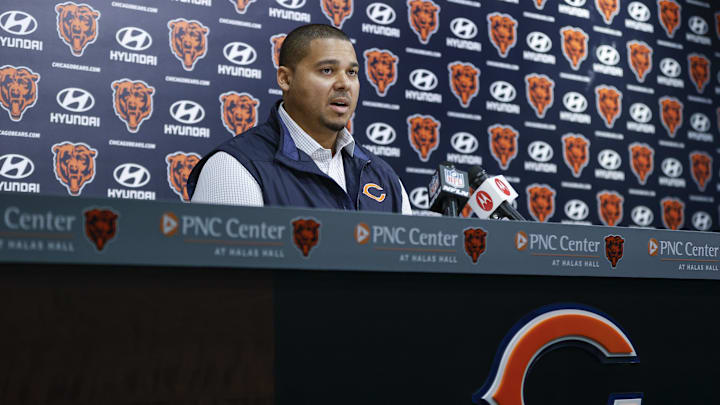 Mar 16, 2023; Lake Forest, IL, USA; Chicago Bears general manager Ryan Poles speaks during a press conference at Halas Hall. Mandatory Credit: Kamil Krzaczynski-Imagn Images