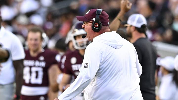 Sep 27, 2025; College Station, Texas, USA; Texas A&M Aggies head coach Mike Elko reacts against the Auburn Tigers during the fourth quarter at Kyle Field. Mandatory Credit: Maria Lysaker-Imagn Images 