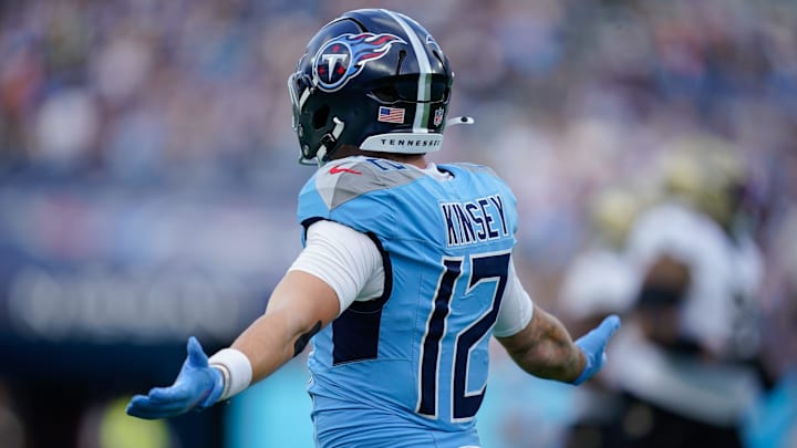 Tennessee Titans wide receiver Mason Kinsey (12) celebrates a reception during the third quarter against the New Orleans Saints at Nissan Stadium in Nashville, Tenn., Sunday, Dec. 28, 2025.