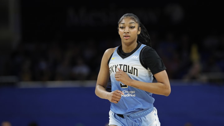 Jul 13, 2024; Chicago, Illinois, USA; Chicago Sky forward Angel Reese (5) reacts during the first half of a WNBA game against the New York Liberty at Wintrust Arena. Mandatory Credit: Kamil Krzaczynski-USA TODAY Sports