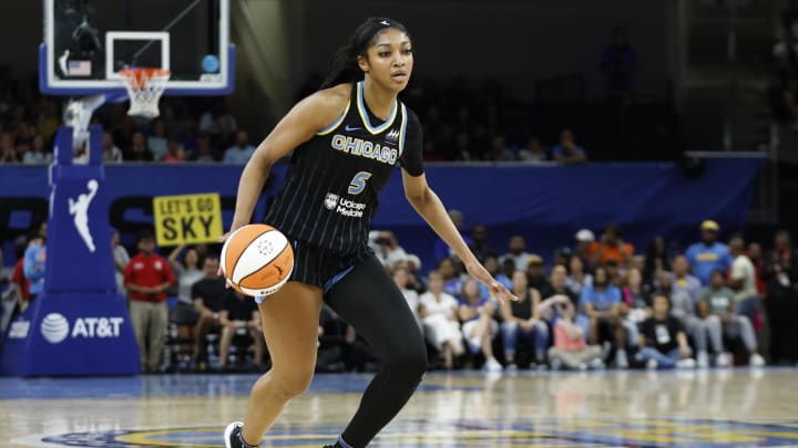 Jun 23, 2024; Chicago, Illinois, USA; Chicago Sky forward Angel Reese (5) drives to the basket against the Indiana Fever during the second half of a basketball game at Wintrust Arena. Mandatory Credit: Kamil Krzaczynski-USA TODAY Sports