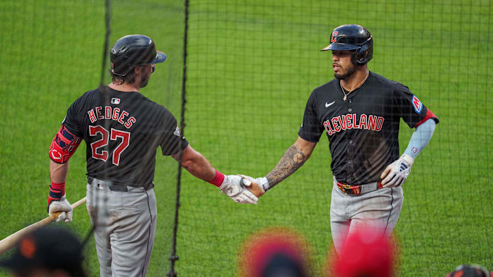 Jun 26, 2024; Baltimore, Maryland, USA; Cleveland Guardians third base Gabriel Arias (13) celebrates with catcher Austin Hedges (27) after hitting a home run during the fifth inning against the Baltimore Orioles at Oriole Park at Camden Yards. Mandatory Credit: Reggie Hildred-Imagn Images