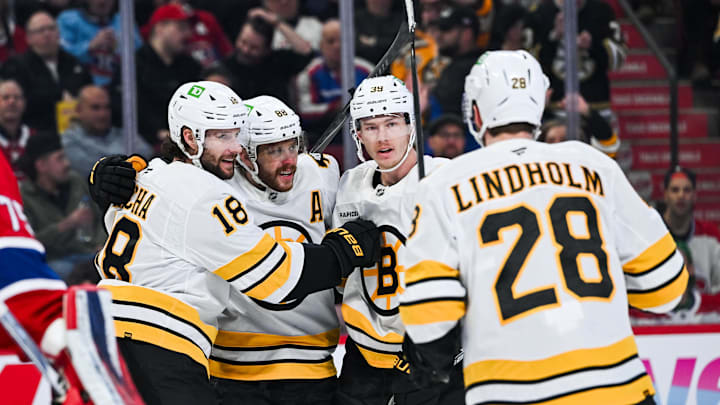 Mar 17, 2026; Montreal, Quebec, CAN; Boston Bruins center Pavel Zacha (18) celebrates with his teammates his goal against the Montreal Canadiens during the first period at Bell Centre. Mandatory Credit: David Kirouac-Imagn Images