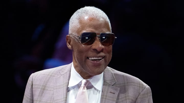 December 9, 2023; Las Vegas, Nevada, USA; NBA former player Julius Erving before the in-season tournament championship at T-Mobile Arena. Mandatory Credit: Kyle Terada-USA TODAY Sports