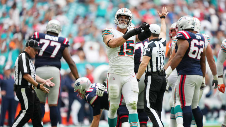 Miami Dolphins linebacker Jaelan Phillips (15) celebrates after sacking New England Patriots quarterback Mac Jones (10) during the second half at Hard Rock Stadium last season.