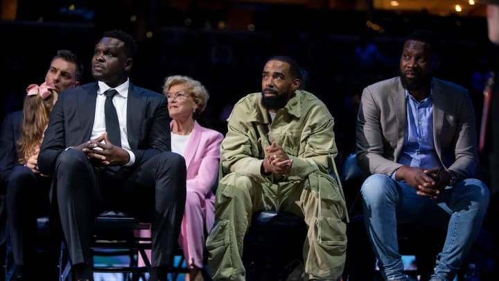 Former Grizzlies players Zach Randolph, Mike Conley and Tony Allen listen as Marc Gasol speaks during his jersey retirement ceremony at FedExForum in Memphis, Tenn., on Saturday, April 6, 2024.