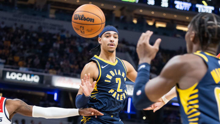 Oct 25, 2023; Indianapolis, Indiana, USA; Indiana Pacers guard Andrew Nembhard (2) passes the ball in the second half against the Washington Wizards at Gainbridge Fieldhouse. Mandatory Credit: Trevor Ruszkowski-USA TODAY Sports