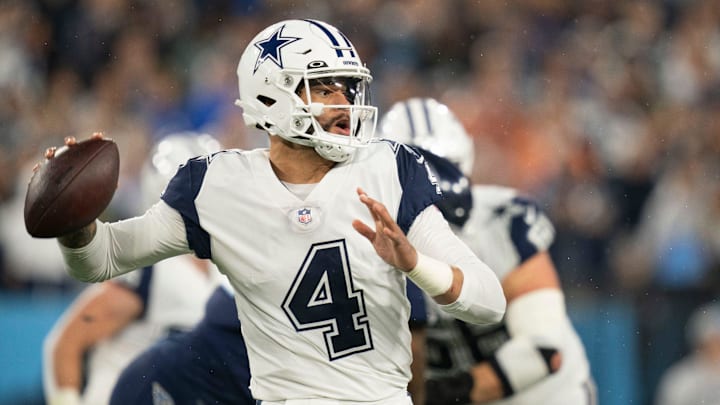 Dallas Cowboys quarterback Dak Prescott (4) throws a pass during the first quarter against the Tennessee Titans at Nissan Stadium Thursday, Dec. 29, 2022, in Nashville, Tenn.

Nfl Dallas Cowboys At Tennessee Titans