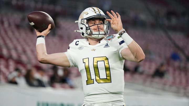 Dec 22, 2023; Tampa, FL, USA; Georgia Tech Yellow Jackets quarterback Haynes King (10) warms up prior to the Gasparilla Bowl against the UCF Knights at Raymond James Stadium. Mandatory Credit: Jasen Vinlove-USA TODAY Sports