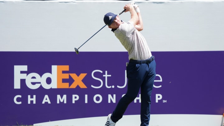 Nick Dunlap tees off on the first hole during the final round of the FedEx St. Jude Championship at TPC Southwind in Memphis, Tenn., on Sunday, August 18, 2024.