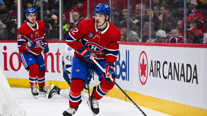 Apr 4, 2024; Montreal, Quebec, CAN; Montreal Canadiens defenseman Arber Xhekaj (72) plays the puck against the Tampa Bay Lightning during the second period at Bell Centre. Mandatory Credit: David Kirouac-USA TODAY Sports