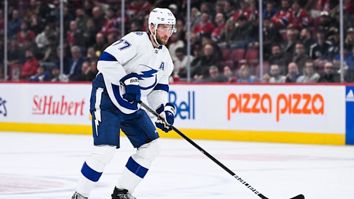 Apr 4, 2024; Montreal, Quebec, CAN; Tampa Bay Lightning defenseman Victor Hedman (77) plays the puck against the Montreal Canadiens during the second period at Bell Centre. Mandatory Credit: David Kirouac-Imagn Images Apr 4, 2024; Montreal, Quebec, CAN; Tampa Bay Lightning defenseman Victor Hedman (77) plays the puck against the Montreal Canadiens during the second period at Bell Centre. Mandatory Credit: David Kirouac-Imagn Images