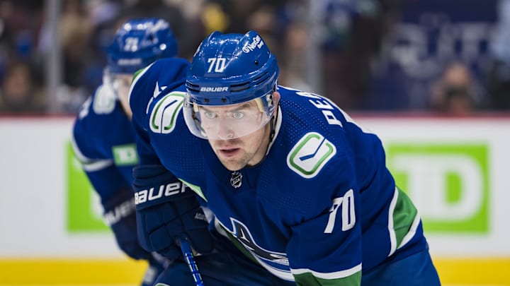 Oct 28, 2022; Vancouver, British Columbia, CAN; Vancouver Canucks forward Tanner Pearson (70) during a stop in play against the Pittsburgh Penguins in the second period at Rogers Arena. Mandatory Credit: Bob Frid-Imagn Images Oct 28, 2022; Vancouver, British Columbia, CAN; Vancouver Canucks forward Tanner Pearson (70) during a stop in play against the Pittsburgh Penguins in the second period at Rogers Arena. Mandatory Credit: Bob Frid-Imagn Images