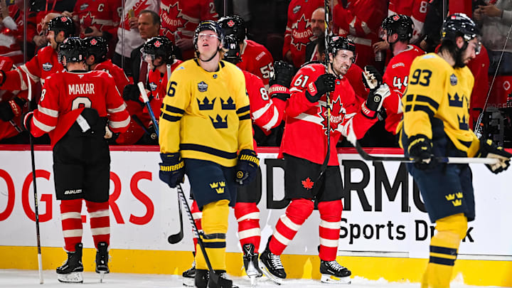 Feb 12, 2025; Montreal, Quebec, CAN; [Imagn Images direct customers only] Team Canada forward Mark Stone (61) celebrates with teammates after a goal against Team Sweden in the second period during a 4 Nations Face-Off ice hockey game at Bell Centre. Mandatory Credit: David Kirouac-Imagn Images