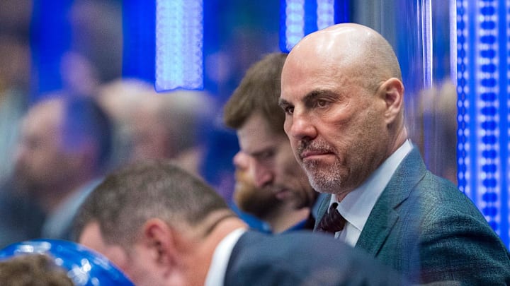 Nov 12, 2024; Vancouver, British Columbia, CAN; Vancouver Canucks head coach Rick Tocchet on the bench against the Calgary Flames during the third period at Rogers Arena. Mandatory Credit: Bob Frid-Imagn Images Nov 12, 2024; Vancouver, British Columbia, CAN; Vancouver Canucks head coach Rick Tocchet on the bench against the Calgary Flames during the third period at Rogers Arena. Mandatory Credit: Bob Frid-Imagn Images