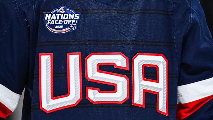 Feb 13, 2025; Montreal, Quebec, CAN; [Imagn Images direct customers only] View of a Team USA logo on a jersey worn by a member of the team during a 4 Nations Face-Off ice hockey game at Bell Centre. Mandatory Credit: David Kirouac-Imagn Images