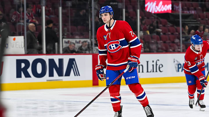 Feb 8, 2025; Montreal, Quebec, CAN; Montreal Canadiens defenseman Logan Mailloux (24) skates during warm-up before the game against the New Jersey Devils at Bell Centre. Mandatory Credit: David Kirouac-Imagn Images