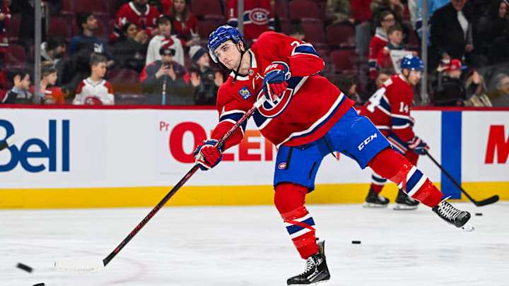 Feb 8, 2025; Montreal, Quebec, CAN; Montreal Canadiens defenseman Logan Mailloux (24) shoots a puck during warm-up before the game against the New Jersey Devils at Bell Centre. Mandatory Credit: David Kirouac-Imagn Images Feb 8, 2025; Montreal, Quebec, CAN; Montreal Canadiens defenseman Logan Mailloux (24) shoots a puck during warm-up before the game against the New Jersey Devils at Bell Centre. Mandatory Credit: David Kirouac-Imagn Images