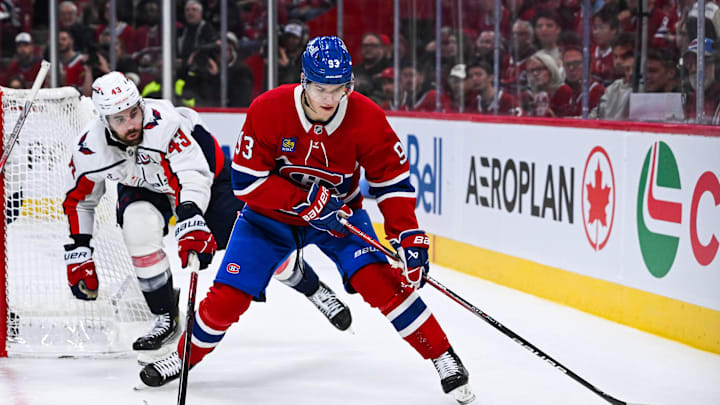 Apr 27, 2025; Montreal, Quebec, CAN; Montreal Canadiens right wing Ivan Demidov (93) plays the puck against Washington Capitals right wing Tom Wilson (43) during the third period in game four of the first round of the 2025 Stanley Cup Playoffs at Bell Centre. Mandatory Credit: David Kirouac-Imagn Images Apr 27, 2025; Montreal, Quebec, CAN; Montreal Canadiens right wing Ivan Demidov (93) plays the puck against Washington Capitals right wing Tom Wilson (43) during the third period in game four of the first round of the 2025 Stanley Cup Playoffs at Bell Centre. Mandatory Credit: David Kirouac-Imagn Images