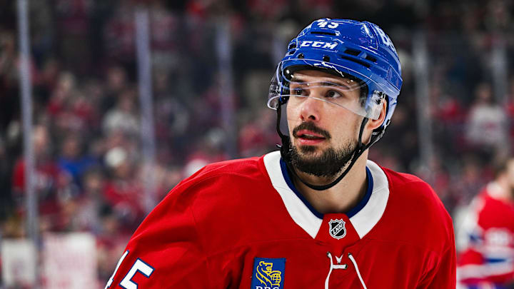 Apr 14, 2025; Montreal, Quebec, CAN; Montreal Canadiens defenseman Alexandre Carrier (45) looks on in warm-up before the game against the Chicago Blackhawks at Bell Centre. Mandatory Credit: David Kirouac-Imagn Images