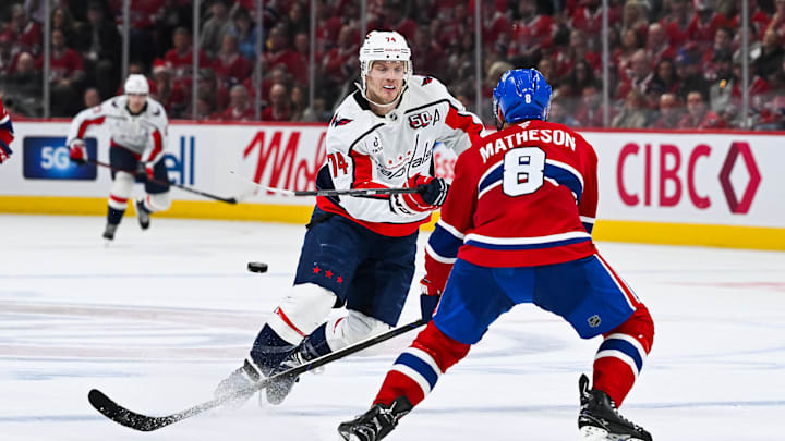 Apr 27, 2025; Montreal, Quebec, CAN; Washington Capitals defenseman John Carlson (74) shoots the puck beside Montreal Canadiens defenseman Mike Matheson (8) during the second period in game four of the first round of the 2025 Stanley Cup Playoffs at Bell Centre. Mandatory Credit: David Kirouac-Imagn Images Apr 27, 2025; Montreal, Quebec, CAN; Washington Capitals defenseman John Carlson (74) shoots the puck beside Montreal Canadiens defenseman Mike Matheson (8) during the second period in game four of the first round of the 2025 Stanley Cup Playoffs at Bell Centre. Mandatory Credit: David Kirouac-Imagn Images