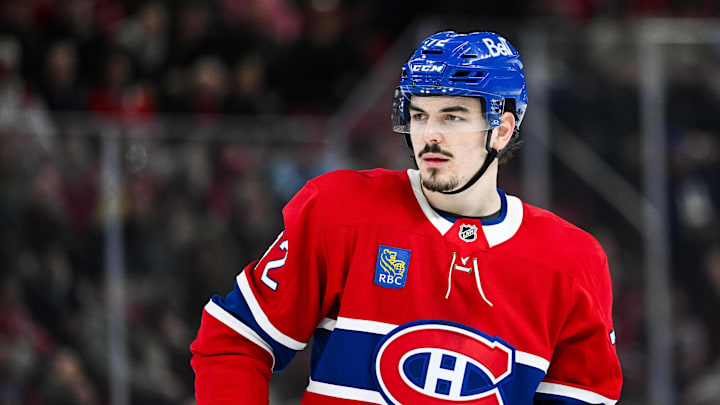 Feb 8, 2025; Montreal, Quebec, CAN; Montreal Canadiens defenseman Arber Xhekaj (72) looks on against the New Jersey Devils during the second period at Bell Centre. Mandatory Credit: David Kirouac-Imagn Images