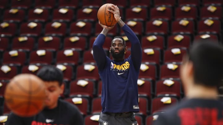 Mar 6, 2020; Chicago, Illinois, USA; Indiana Pacers forward JaKarr Sampson (14) warms up before an NBA game against the Chicago Bulls at United Center. 