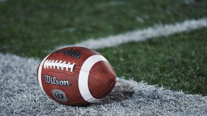 Oct 22, 2021; Montreal, Quebec, CAN; view of a CFL game ball with a french logo on the field before the first quarter during a Canadian Football League game at Molson Stadium. Mandatory Credit: David Kirouac-USA TODAY Sports