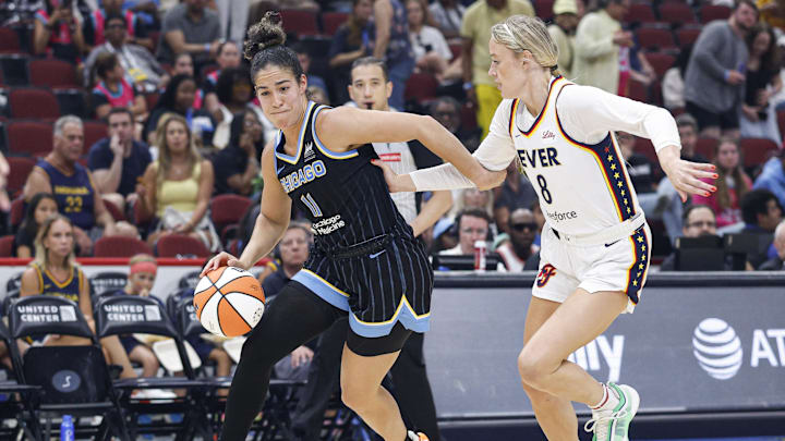 Jul 27, 2025; Chicago, Illinois, USA; Chicago Sky guard Kia Nurse (11) drives to the basket against Indiana Fever guard Sophie Cunningham (8) during the second half at United Center. Mandatory Credit: Kamil Krzaczynski-Imagn Images Jul 27, 2025; Chicago, Illinois, USA; Chicago Sky guard Kia Nurse (11) drives to the basket against Indiana Fever guard Sophie Cunningham (8) during the second half at United Center. Mandatory Credit: Kamil Krzaczynski-Imagn Images