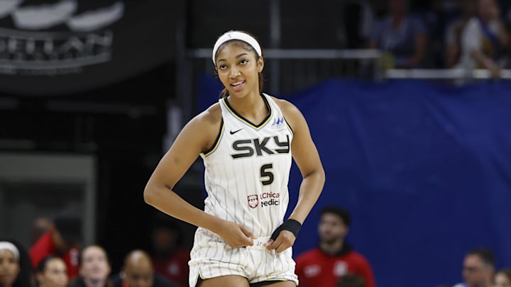May 6, 2025; Chicago, IL, USA; Chicago Sky forward Angel Reese (5) smiles during the second half of a WNBA pre-season game against the Minnesota Lynx at Wintrust Arena. Mandatory Credit: Kamil Krzaczynski-Imagn Images