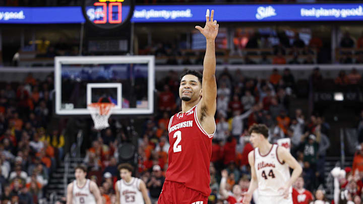 Mar 13, 2026; Chicago, IL, USA; Wisconsin Badgers guard Nick Boyd (2) celebrates during the second half at United Center. Mandatory Credit: Kamil Krzaczynski-Imagn Images