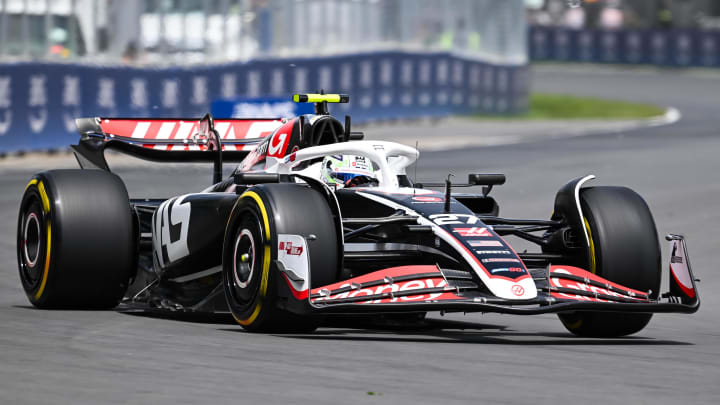 Jun 8, 2024; Montreal, Quebec, CAN; Haas driver Nico Hulkenberg (DEU) races during FP3 practice session of the Canadian Grand Prix at Circuit Gilles Villeneuve. Mandatory Credit: David Kirouac-USA TODAY Sports