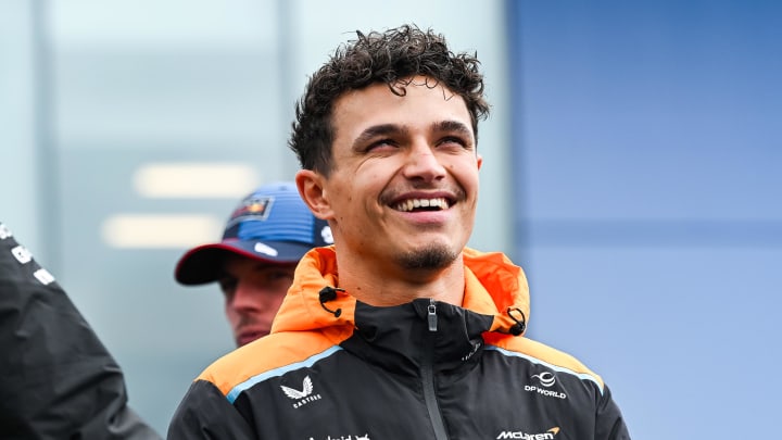 Jun 9, 2024; Montreal, Quebec, CAN; McLaren driver Lando Norris (GBR) smiles at the crowd during the drivers parade of the Canadien Grand Prix at Circuit Gilles Villeneuve. Mandatory Credit: David Kirouac-USA TODAY Sports