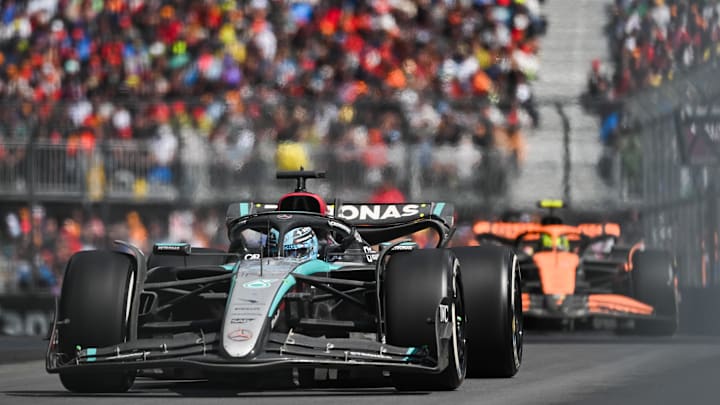 Jun 9, 2024; Montreal, Quebec, CAN; Mercedes driver George Russell (GBR) races during the Canadien Grand Prix at Circuit Gilles Villeneuve. Mandatory Credit: David Kirouac-Imagn Images