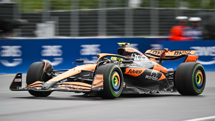 Jun 7, 2024; Montreal, Quebec, CAN; McLaren driver Lando Norris (GBR) races during FP2 practice session of the Canadian Grand Prix at Circuit Gilles Villeneuve. Mandatory Credit: David Kirouac-Imagn Images