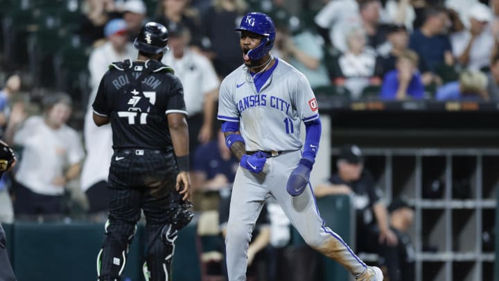 Kansas City Royals third baseman Maikel Garcia (11) celebrates as he scores against the Chicago White Sox during the eight inning at Guaranteed Rate Field on July 29.