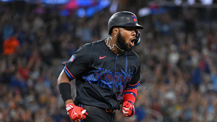 Aug 8, 2024; Toronto, Ontario, CAN; Toronto Blue Jays first base Vladimir Guerrero Jr. (27) celebrates his to run home run in the fifth inning against the Baltimore Orioles at Rogers Centre.