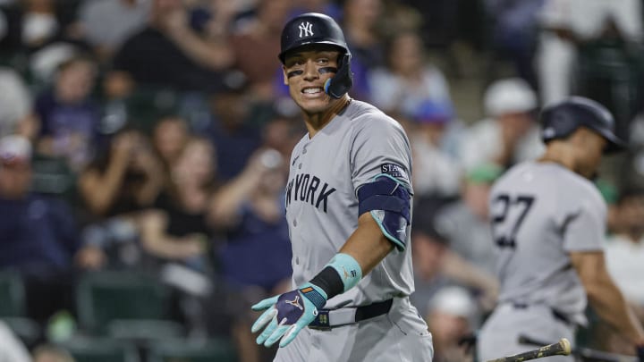 Aug 12, 2024; Chicago, Illinois, USA; New York Yankees outfielder Aaron Judge (99) reacts after striking out against the Chicago White Sox during the sixth inning at Guaranteed Rate Field.