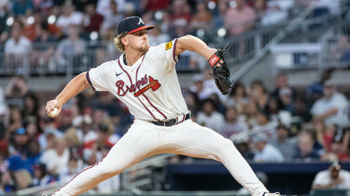 Atlanta Braves pitcher Spencer Schwellenbach (56) pitches the ball against Atlanta Braves during the third inning at Truist Park on Aug 22. 