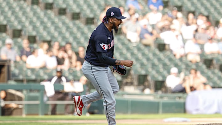 Cleveland Guardians pitcher Emmanuel Clase (48) reacts after delivering a final out against the Chicago White Sox during the ninth inning at Guaranteed Rate Field on Sept 11.