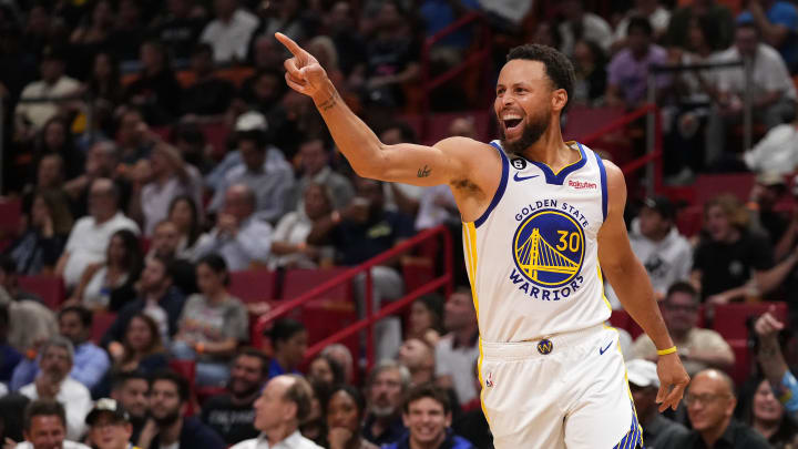 Nov 1, 2022; Miami, Florida, USA; Golden State Warriors guard Stephen Curry (30) reacts during the second half against the Miami Heat at FTX Arena. Mandatory Credit: Jasen Vinlove-USA TODAY Sports