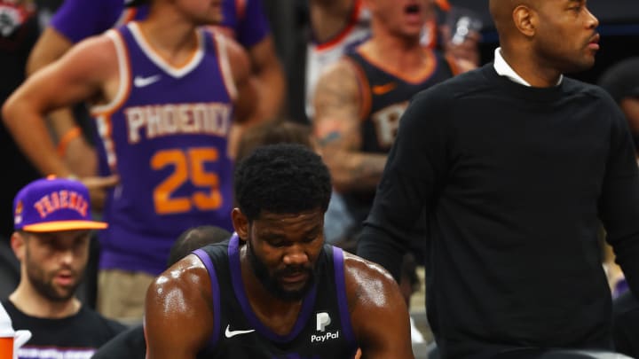 May 15, 2022; Phoenix, Arizona, USA; Phoenix Suns center Deandre Ayton (22) reacts on the bench against the Dallas Mavericks in game seven of the second round for the 2022 NBA playoffs at Footprint Center. Mandatory Credit: Mark J. Rebilas-USA TODAY Sports